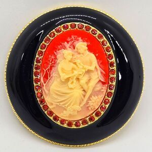 Sweet Joan Rivers faux pink cameo crystal black enamel gold tone pin brooch